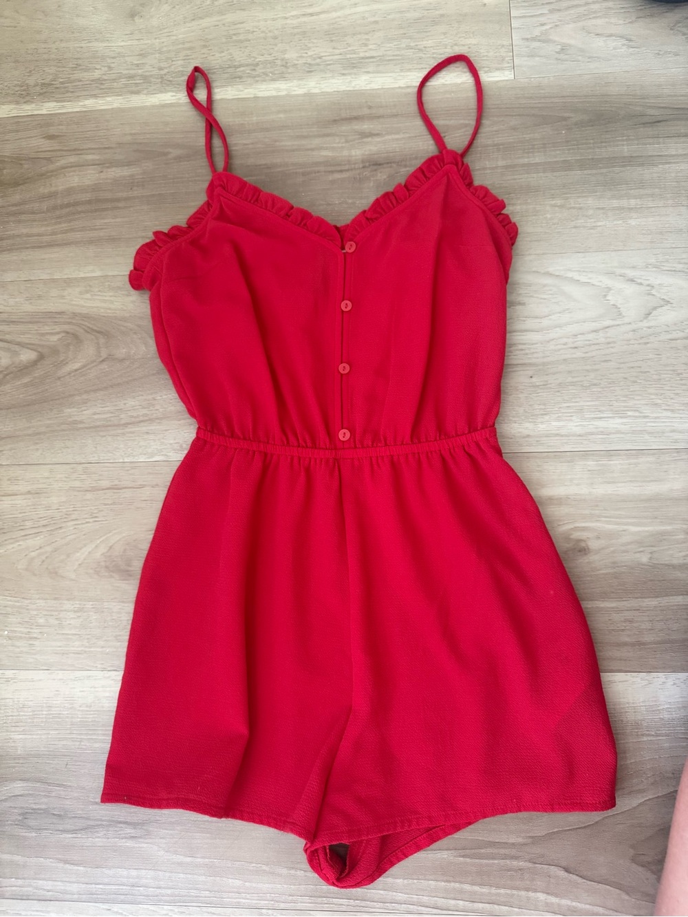 Divided Red Mini Romper with Ruffle Trim